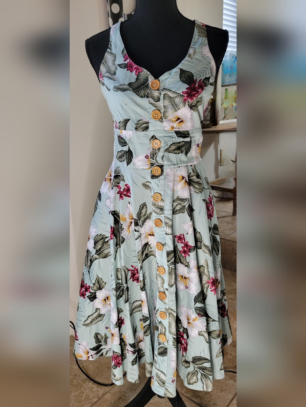 Hell Bunny Mint Floral Dress with Pink Blooms